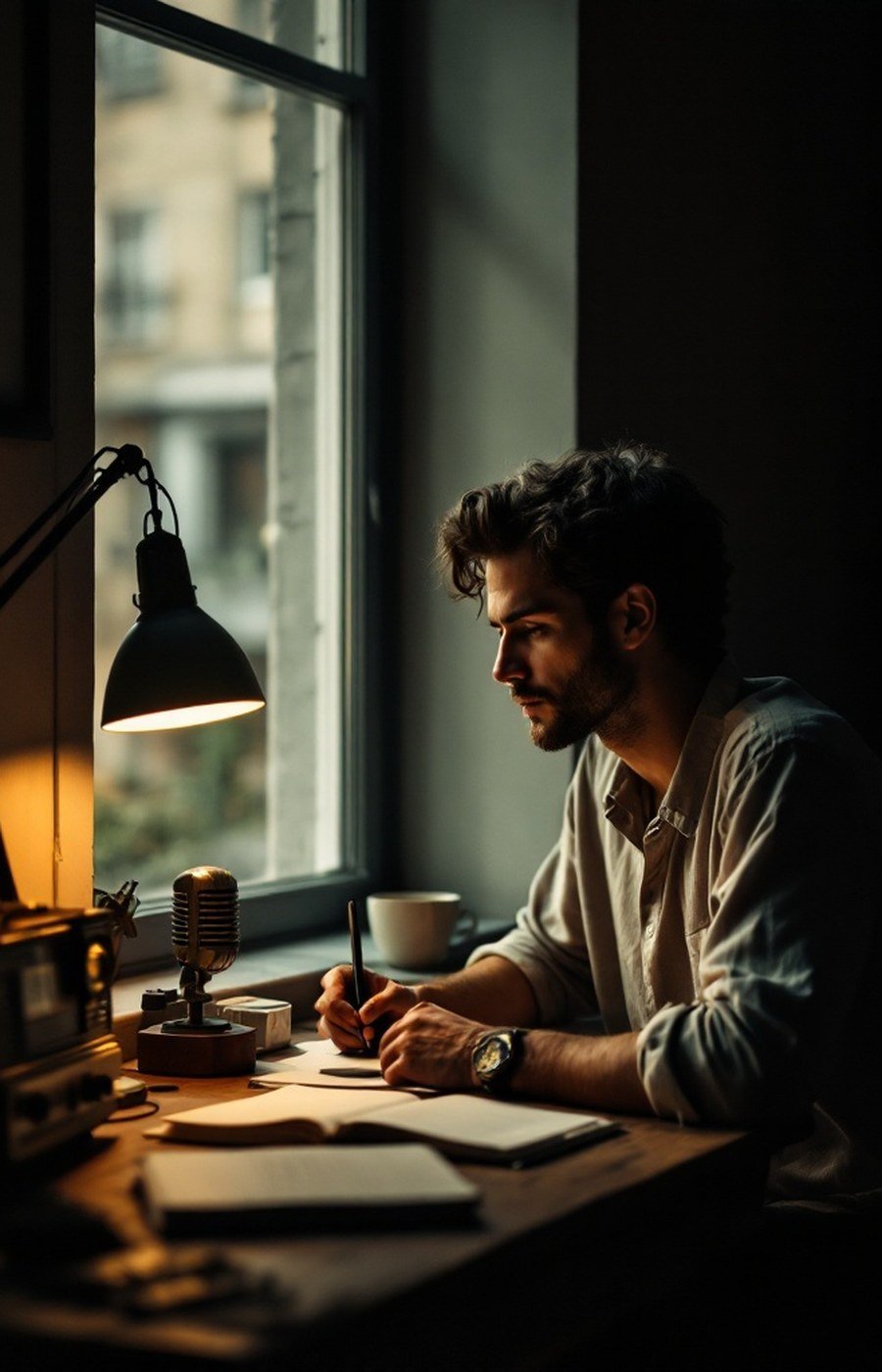 The writer at a desk, in warm lamplight beside an old radio microphone
