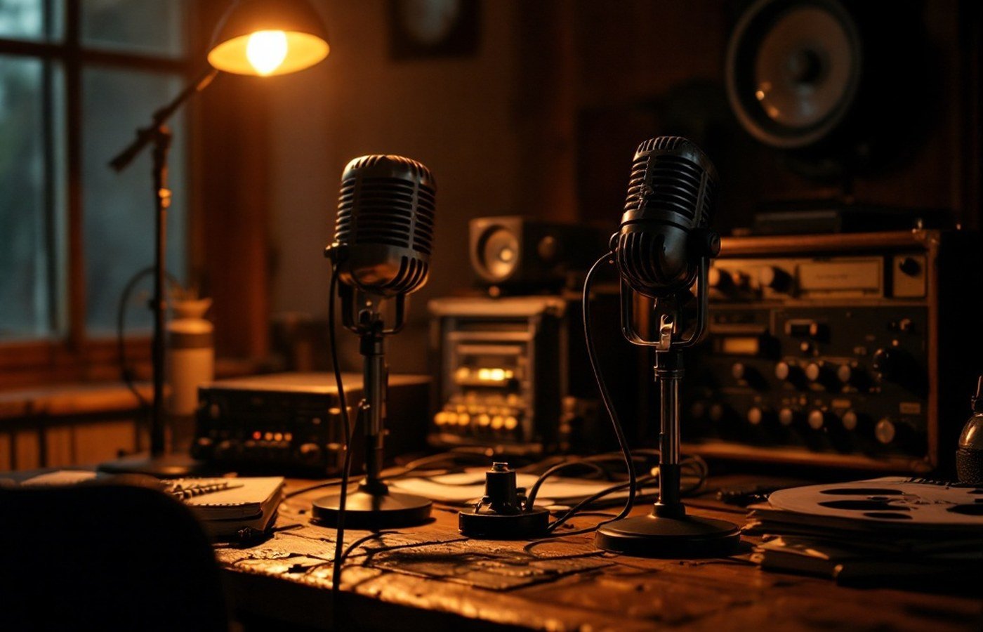 A small radio studio at night, on-air lamp glowing